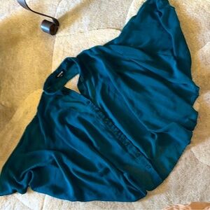 Bebe Teal Button-Up Sheer Blouse w square front and back buttons and chic back